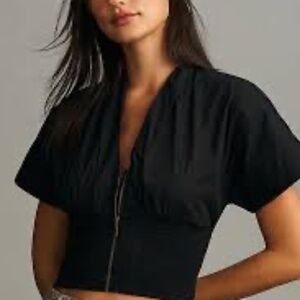 Maeve by Anthropologie Black Zip Front Smocked Waist Top Size Large